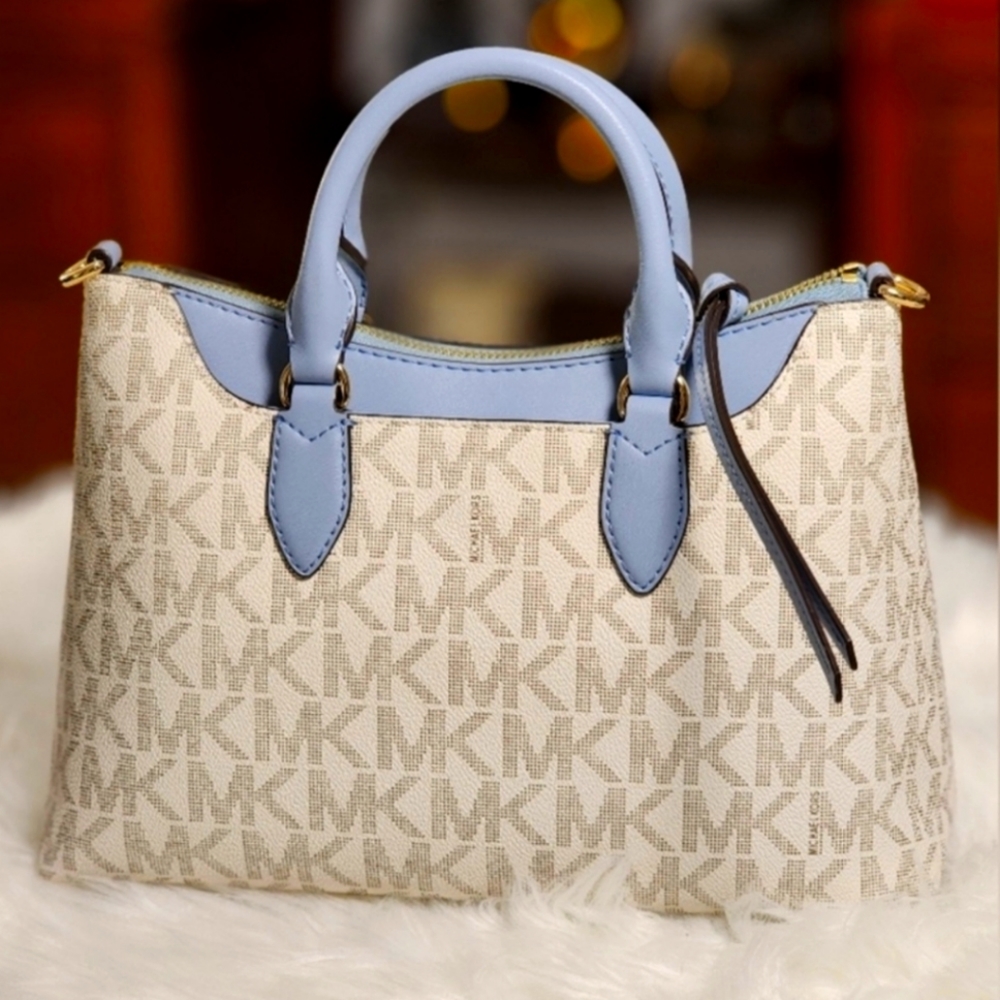 NEW! Michael Kors Pale Blue Leather & Vanilla Monogram Austen Small Satchel - Picture 4 of 8
